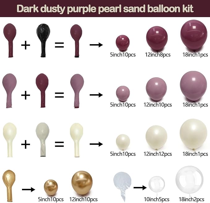 Dusty Purple Gold Balloon Arch Kit Double Stuffed Plum, Dark Lavender, Pearl White Sand Balloon Garland with Clear Bobo for Birthday Bridal Baby Shower Mothers Anniversary Graduation Party Decoration