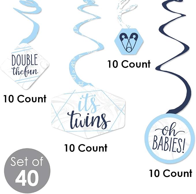 Big Dot of Happiness It’s Twin Boys - Blue Twins Baby Shower Hanging Decor - Party Decoration Swirls - Set of 40