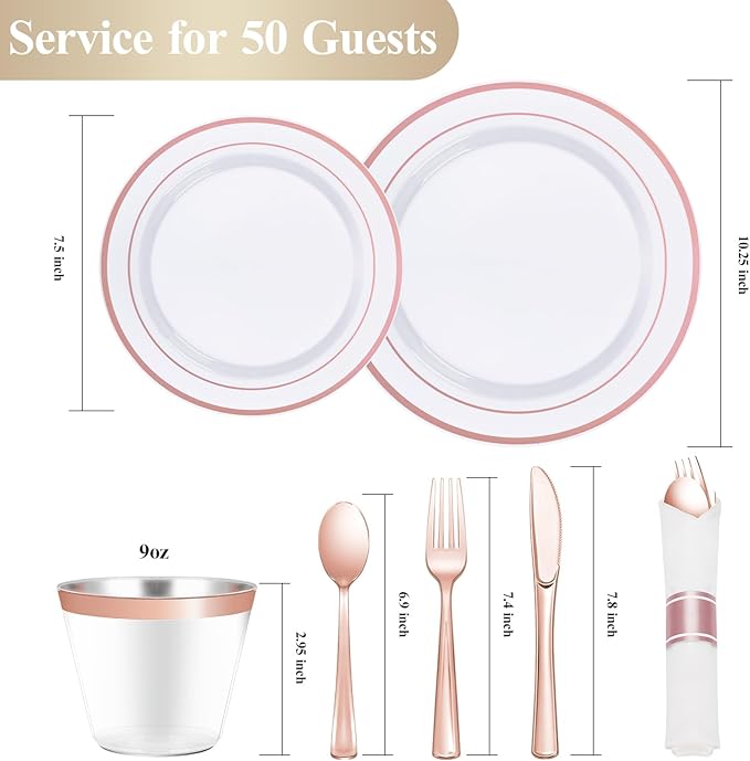 realluck 350 PCS White and Rose Gold Plastic Dinnerware Set for 50 Guests, 100 Plates for Party, 50 Pre Rolled Napkins with Gold Silverware, 50 Cups
