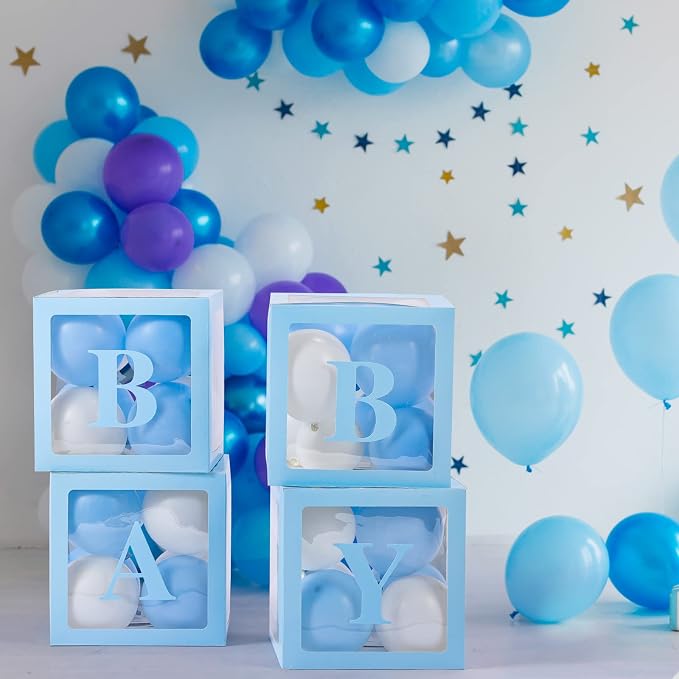 Baby Boxes with Letters for Baby Shower Decorations - 4 Transparent Balloon Boxes for Gender Reveal (Blue)