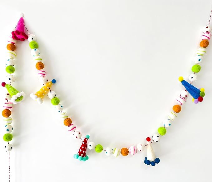 Pre-Strung Personalized Felt Ball Garland, Reusable Happy Birthday Banner, Rainbow Felt Garland, Colorful Birthday Decorations, Cute Party Hats for Birthday Holiday Party Home Wall Mantel Decor