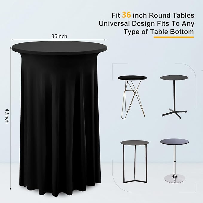 2 Pack Black Round High Top Cocktail Table Cloth 36×43 Inch, Wrinkle Free Stretch Spandex Cocktail Tablecloths Table Covers with Wavy Skirt, for Cocktail Party Banquet Birthday Bar