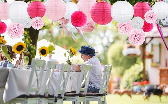 Celehappy Pink Paper Lanterns - Party Decorations Tissue Pom Poms for Weddings Birthdays - 18pcs Hanging Lanterns - Pink/White/Rose