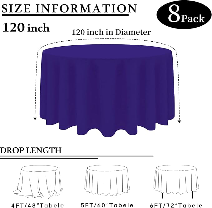 8 Packs 120 Inch Purple Round Tablecloth in Diameter, Washable Polyester Fabric Tablecloths, Wrinkle Resistant Table Cloth for Wedding Party Banquet Dining