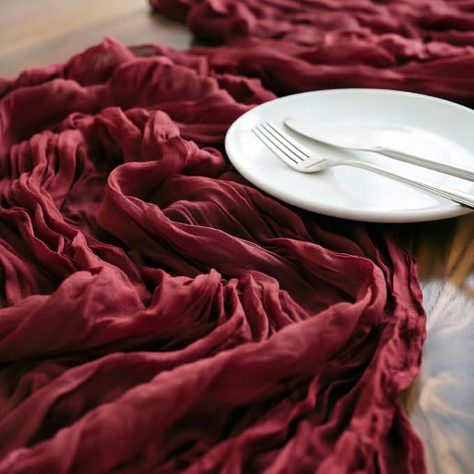 LINXTAR Burgundy Cheesecloth Table Runner 120 Inches 10Ft Gauze Summer Boho Table Runner for Wedding Tea Party Baby Shower Bridal Birthday Home Decoration