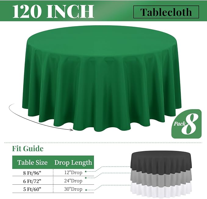 8 Packs Green Round Tablecloth - 120 Inch, Premium Polyester Table Cloth for Round Tables, Washable Fabric Table Covers for Wedding, Party, Banquet, Dining Tables and Camping
