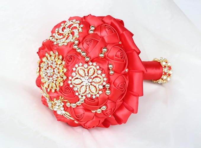 Red Bridal Wedding Bouquet Luxury Gold Rhinestone Brooch Bouquet for Bride Bridesmaid Quinceanera Satin Red Rose Artificial Flower Bouquet Wedding Red 7.1in,Bouquet3218G-Red18