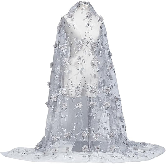 NBEADS 1.7-2yards Embroidered Flower Fabric, 51-55inch Wide 3D Flower Organza Lace Floral Mesh Embroidery Fabric for Sewing DIY Custom Clothes Party Dress Home Decoration, Light Grey