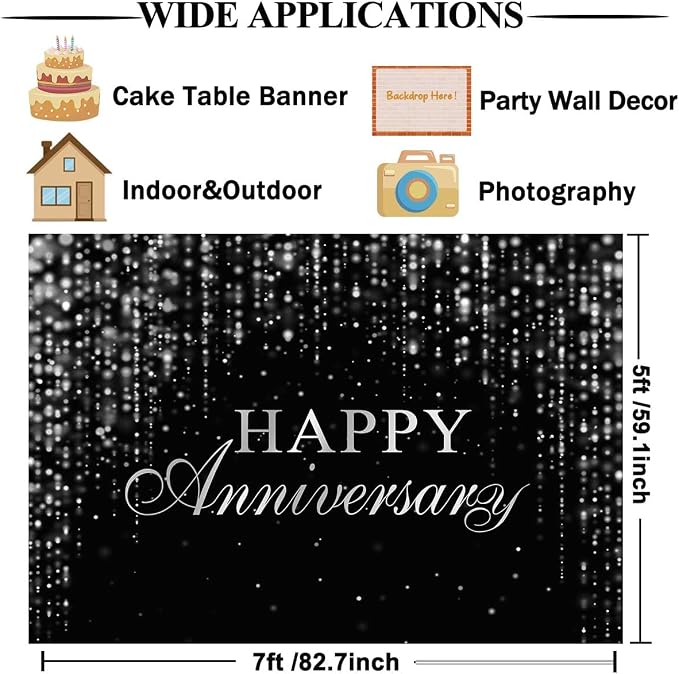 Happy Anniversary Backdrop Black Silver Anniversary Banner Cheers to Marriage Wedding Party Decorations Glitter Flowing Drapes Photography Background Photo Booth Props 7x5ft