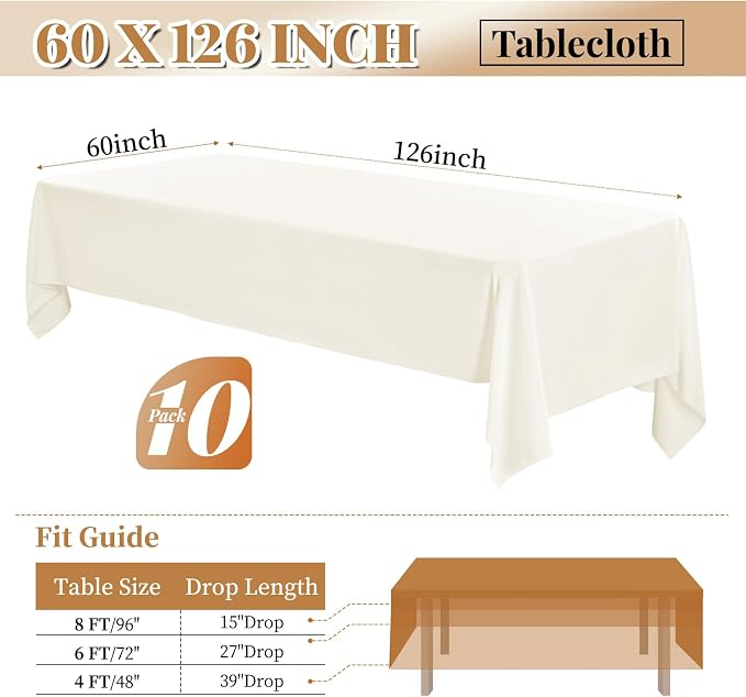 10 Pack 60 x 126 Inch Tablecloth, Ivory Tablecloth for 8 Feet Rectangle Tables, Stain and Wrinkle Resistant Washable Fabric Table Cloth for Wedding Party Dining Table Buffet Parties Camping