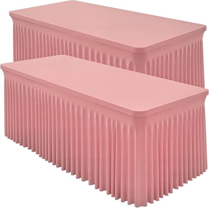 2 Packs Dusty Rose Spandex Table Cloths 6 Foot, Fitted Stretch Table Cover with Skirts 30x72 Inch, Wrinkle-Free Floor Length Tablecloths Rectangular for Weddings Parties Banquets Events Decorations
