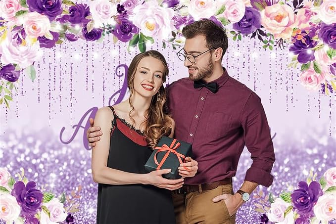 10x10ft Happy Anniversary Backdrop, Floral Glitter Backdrop for Women Wedding Anniversary Decoration Violet and Pink Flowers Photography Background Cake Table Banner Party Decor