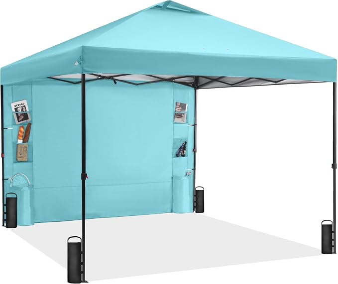 GAFETE 10×10 Pop Up Canopy Tent with 1 Pockets Sidewall, Easy up Sun Shade with One Push Setup, Portable Instant Outdoor Canopy Tent for Events Parties Camping with Carrying Bag (Cerulean, 10x10 FT)