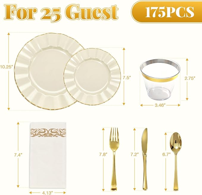 Glowserve 175 Piece Disposable Plastic Plates Dinnerware Set for 25 Guests | 50 Plastic Plates,25 Silverware Set,25 Cups and Napkins,Party Wedding Birthday,Family Gathering,Fancy Plastic Plates