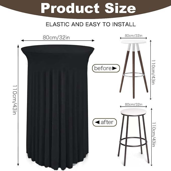 WJWHQ 5 Pack Round Spandex Cocktail Tablecloths with Skirt - Stretch Table Covers for High Top Bar, Wedding, Party, Banquet (Black, 32 x 43 Inch)