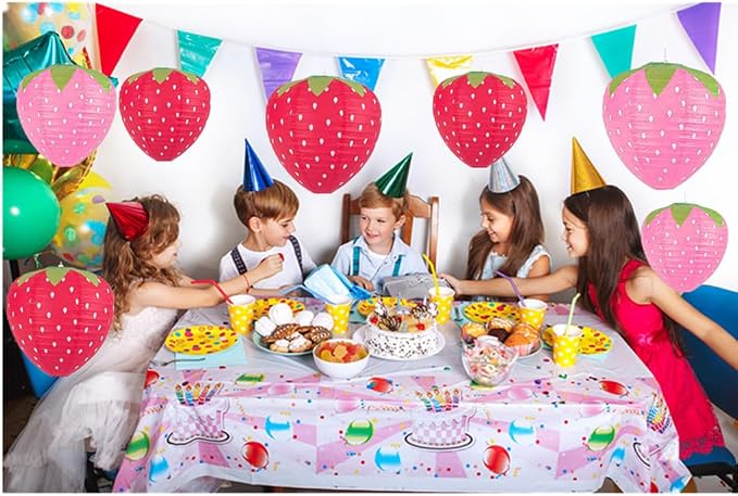 Folding Strawberry Paper Lantern Reusable Hanging Ornament Lamp Cover for Fruit Theme Birthday Party Decoration Supplies (8 and 12 inches;8pcs)