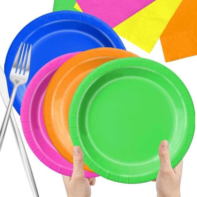 CMUSKO Glow in the Dark Party Supplies - 60Pcs Neon Party Plates & Napkins Set 80s Neon Let's Glow Themed Tableware for Birthday