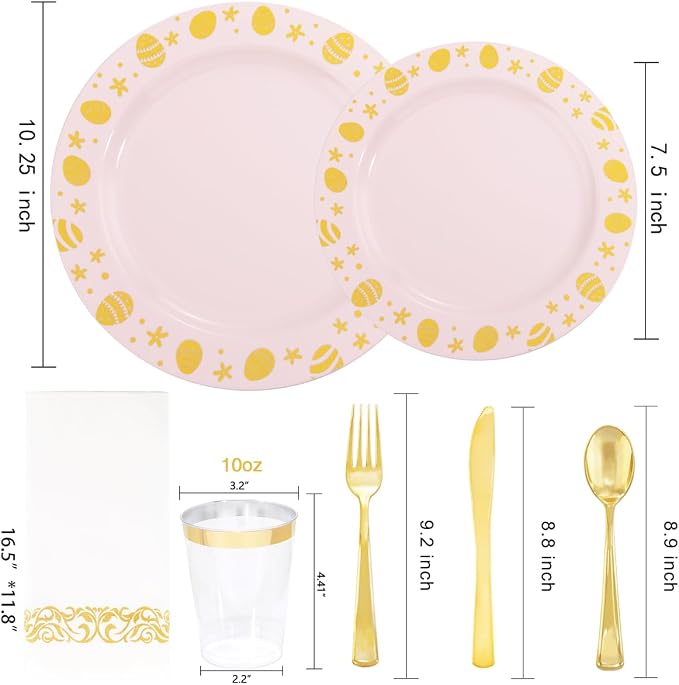 U-QE 25 Guests Plastic Easter Plates and Napkins - Pink and Gold Easter Party Supplies Include 25 Guests Dinner and Dessert Plates, 25Forks, 25Knives, 25Spoons, 25Cups, 25Napkins-Features of Gold Egg