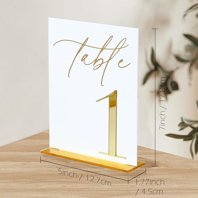 Acrylic Wedding Table Numbers 1-15 with Stands, 5"x7" White Acrylic Signs with 3D Gold Mirror Numbers, White and Gold 3D Table Numbers for Wedding Reception, Anniversary, Event