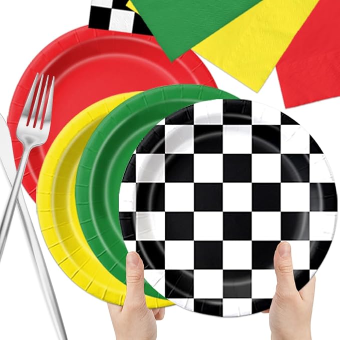 CMUSKO Race Car Birthday Party Decorations - 60Pcs Traffic Light Plates & Napkins Kit Road Checkered Flag Tableware for Boy Party Supplies