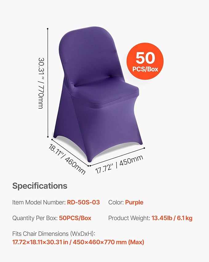 VEVOR Chair Covers, Polyester Spandex Chair Cover, Stretch Slipcovers for Wedding Party Dining Banquet Flat-Front Chair Covers (Purple-c, 50PCS)