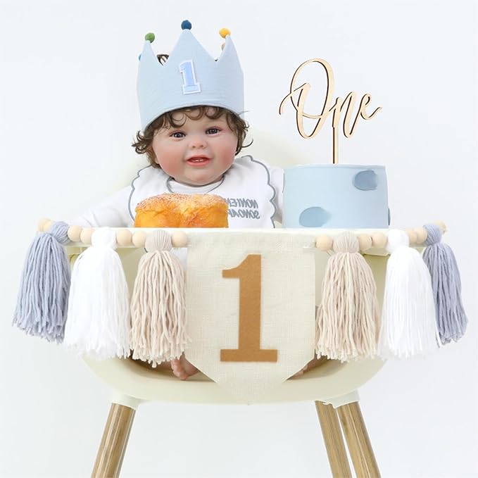 Blue Baby Boy 1st High Chair Banner Wood Bead Tassel Garland Crown Hat Wooden Cake Topper Birthday Party Decorations