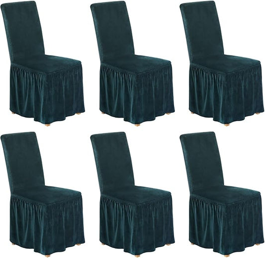 NICEEC Spandex Chair Covers for Dining Chairs Covers Set of 6 Removable Dining Room Chair Covers with Skirt Parson Chair Slipcovers Washable Chair Protector for Kitchen Wedding Banquet(Dark Teal)