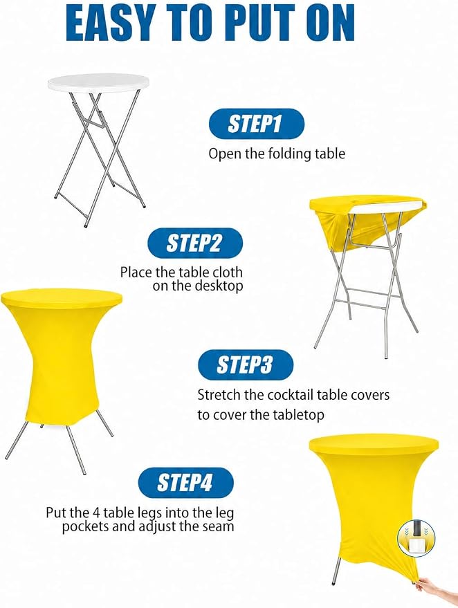Cocktail Table Covers - 6 Pack 32x43 Inch Table Cloth - Yellow Fitted Stretch Spandex Round High Top Tablecloth for Party, Bar, Birthday, Pub, Banquet