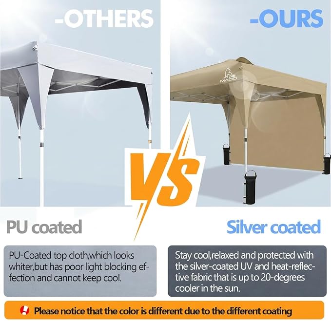 MAOO 10x10 Pop Up Canopy Tent with Sidewall, Easy Setup Instant Outdoor Canopy, 210D Silver Coated Waterproof UPF 50+ Sun Shade Shelter, Heavy Duty Steel Frame, Roller Bag, Khaki