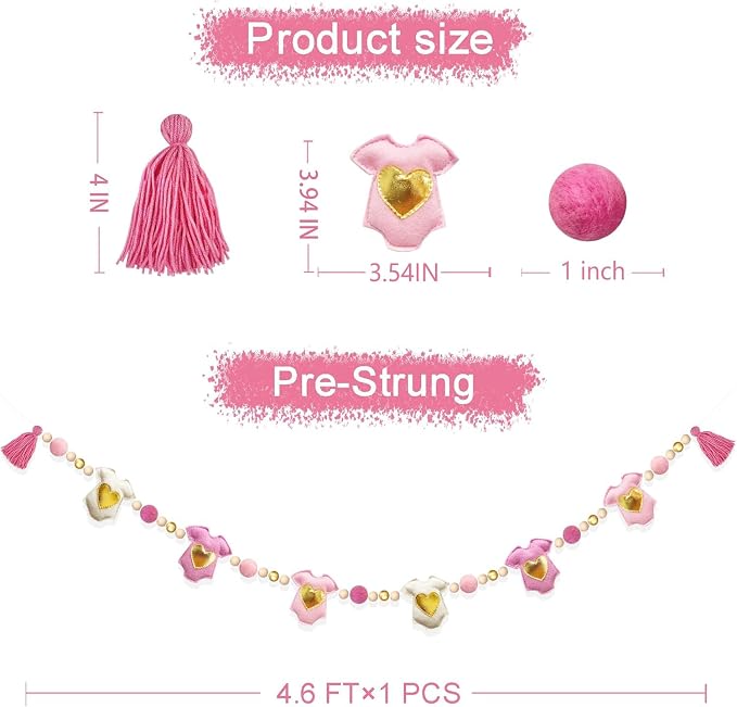 Gold and Pink Baby Clothes Decorations Handmade Pre-Strung Felt Baby Clothes Wooden Bead Wool Felt Ball Garland Banner for It's a Girl Sweet Girl Baby Shower Party Nursery Fireplace Home Wall Decor