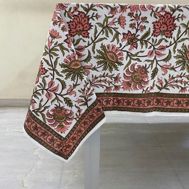 Ridhi New York Pink and Olive Green Hand Block Print Cotton Rectangle Tablecloth 120" x 80" inches Reusable Table Cover Decorative Everyday Use for Dining Room, Farmhouse, Gift Spring, Mother's Day