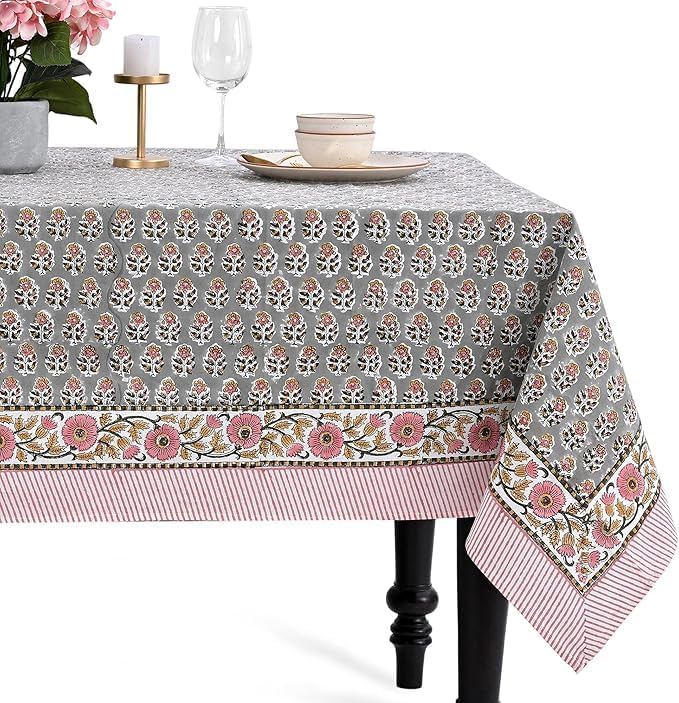 CPC Tablecloth 100% Cotton 80x120 Inch Indian Block Print Rectangle Table Cover, Blue Table Cloth for Weddings, Spring/Summer, Barbeque - Labra Grey