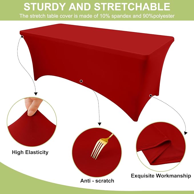 Moosfor Spandex Elastic Fitted 6FT Rectangle Tablecloth 6 Pack, Stretch Washable Reusable Table Cover for Outdoor Picnic, Dining, Wedding, Banquet & Party Events (Red, 72Lx30Wx30H Inch)
