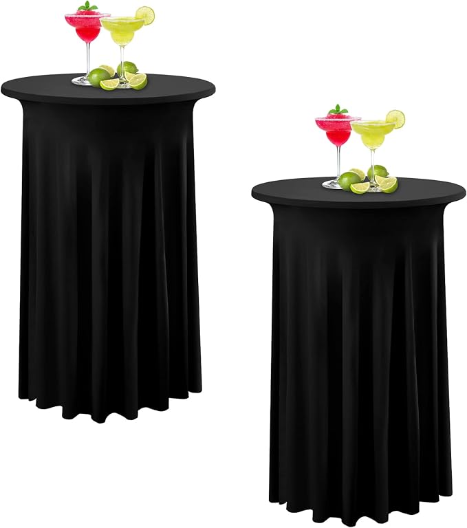 2 Pack Black Round High Top Cocktail Table Cloth 36×43 Inch, Wrinkle Free Stretch Spandex Cocktail Tablecloths Table Covers with Wavy Skirt, for Cocktail Party Banquet Birthday Bar