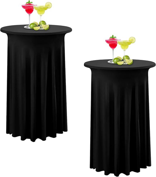 2 Pack Black Round High Top Cocktail Table Cloth 36×43 Inch, Wrinkle Free Stretch Spandex Cocktail Tablecloths Table Covers with Wavy Skirt, for Cocktail Party Banquet Birthday Bar