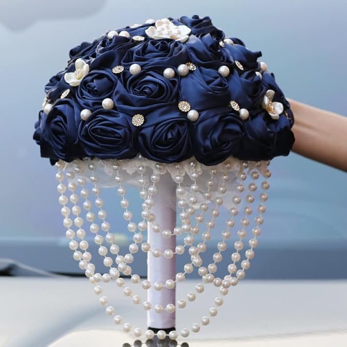 Navy Blue Bridal Wedding Bouquet with Rhinestone Brooch Pearl String Cascade Bouquet for Bride Bridesmaid Quinceanera Satin Rose Artificial Flower Bouquet Wedding Navy Blue 8.7in