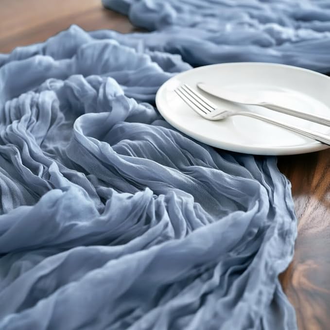 LINXTAR Dusty Blue Cheesecloth Table Runner 4 Pack 160 Inches 14Ft Gauze Summer Boho Table Runner for Wedding Tea Party Baby Shower Bridal Birthday Home Decoration