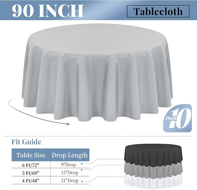 fani 10 Pack 90 Inch Round Tablecloth, Light Grey Polyester Fabric Table Cloth for Round Table, Stain and Wrinkle Resistant Washable Table Cover for Wedding Party Dining Table Buffet and Camping