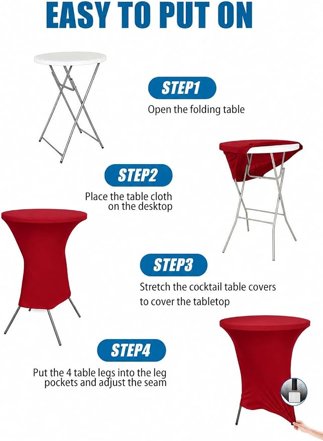 Cocktail Table Covers - 2 Pack 32x43 Inch Table Cloth - Red Fitted Stretch Spandex Round High Top Tablecloth for Party, Bar, Birthday, Pub, Banquet