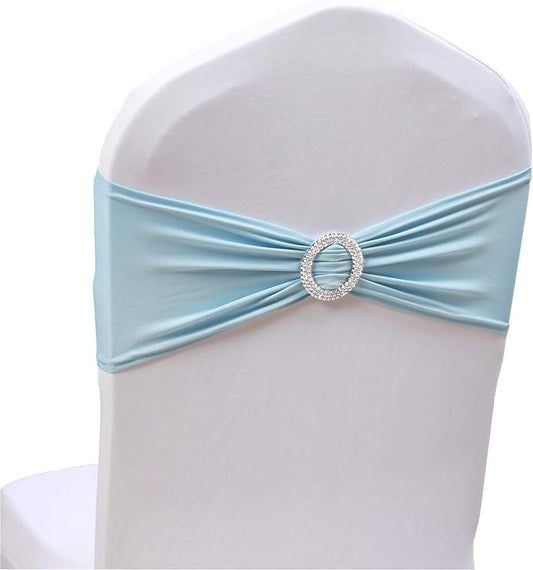 Stretch Chair Sashes Bows Elastic Chair Bands with Buckle Slider Sashes Bows for Wedding Hotel Banquet Birthday Party Decorations (100PCS, Light Blue)