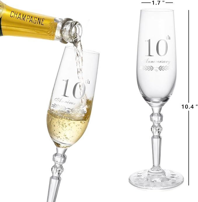 10th Anniversary Decorations Gifts for Couple, Classical Style 10th Wedding Anniversary Champagne Flutes Glasses, Crystal Champagne Glasses Set of 2, Gifts for husband, wife, Couple