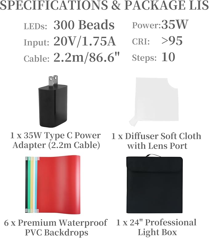 24" Photo Light Box with 35W Type-C Power Adapter, 300 LEDs Photography Studio Lightbox, 3 Color Temperatures 3000K-5700K Dimmable Shooting Tent, 6 Waterproof PVC Backdrops & Soft Cloth