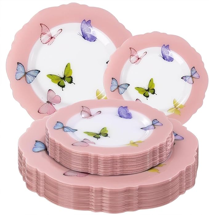 WDF 20PCS Pink Butterfly Plates - Baroque Spring Plates Disposable - Butterfly Party Decorations for Birthdays/Tea Party/Bridal Shower/Mother's Day