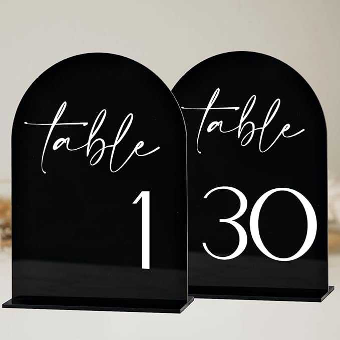 Black Arch Acrylic Table Numbers with Stands 1-30, 5x7" Black Arched Acrylic Sign and Bases, Arch Table Numbers for Centerpiece Wedding Party Reception (1-30)
