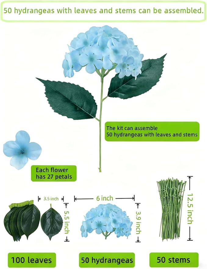 50 Pack Artificial Light Blue Hydrangea Flowers with Leaves, 6 Inch Silk Flower Heads, DIY Mother's Day Wedding Decor Set with 100 Leaves, 50 Stems
