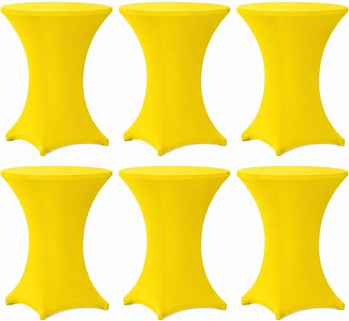 Cocktail Table Covers - 6 Pack 32x43 Inch Table Cloth - Yellow Fitted Stretch Spandex Round High Top Tablecloth for Party, Bar, Birthday, Pub, Banquet