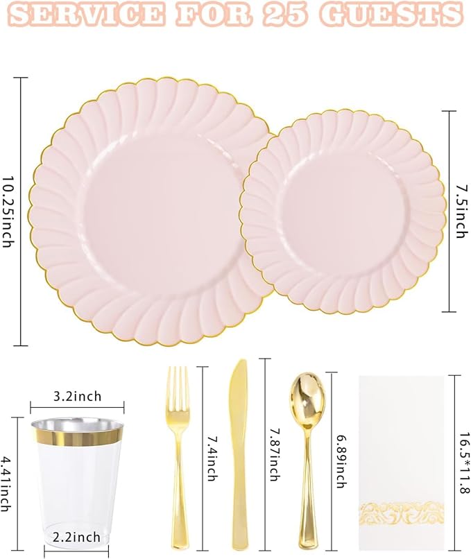 YOUBET 175PCS Pink Scalloped Plastic Plates - Gold Disposable Dinnerware Set Include 50 Plates, 75 Gold Silverware, 25 Cups, 25 Napkins for Party & Wedding & Baby Shower Mothers Day