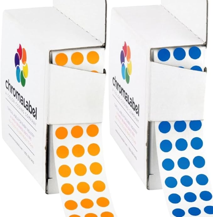 ChromaLabel 1/4 Inch Circle Sticker Labels, Easy to Write on Small Orange Dot Stickers with Handy Dispenser Box, Coding Labels - 1000 Sticky Dots per Dispenser Box, Orange and Dark Blue Stickers