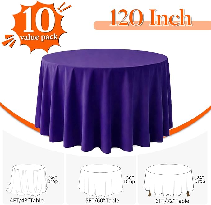 10 Pack Purple Round Tablecloth 120 Inch Round Table Cloth Wrinkle Resistant Purple Tablecloth Washable and Reusable Polyester Fabric Table Covers for Banquet Wedding Party Dining Buffet