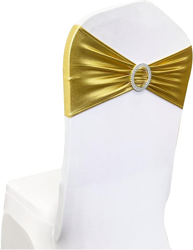 Spandex Chair Sashes Bands 50PCS Stretch Chair Ties Bows with Buckle Slider for Wedding Party Banquet Decoration (Metallic Gold)…
